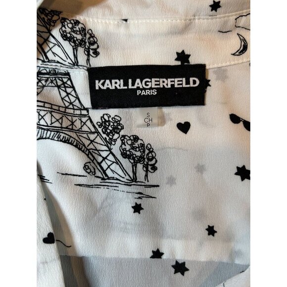 KARL LAGERFELD Paris Eiffel Tower Long Sleeve Button Front Blouse Women's Size S - Picture 8 of 10